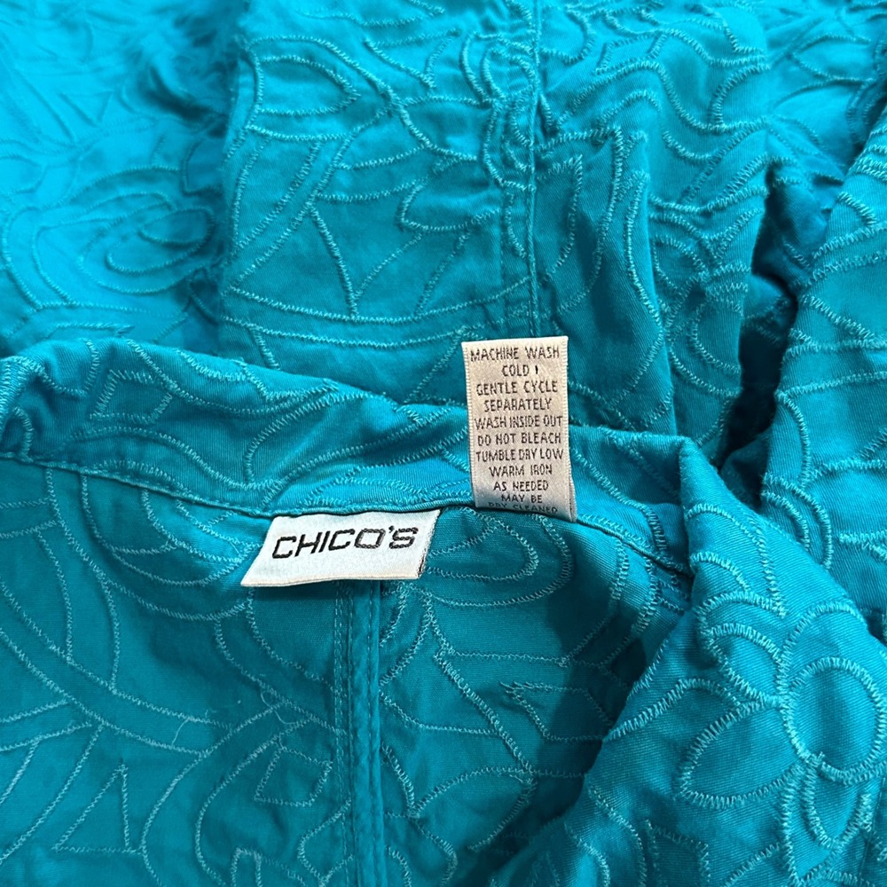 Chico's Button Front Jacket Women Size 3 Teal Blue Embroidered Cotton Stretch - Picture 7 of 8